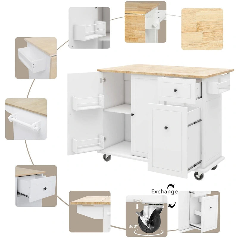 Rolling Kitchen Island Cart with Drop Leaf Rubberwood Top and Storage Drawers
