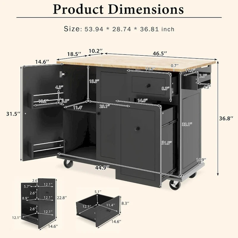 Rolling Kitchen Island Cart with Drop Leaf Rubberwood Top and Storage Drawers