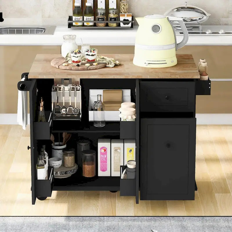 Rolling Kitchen Island Cart with Drop Leaf Rubberwood Top and Storage Drawers