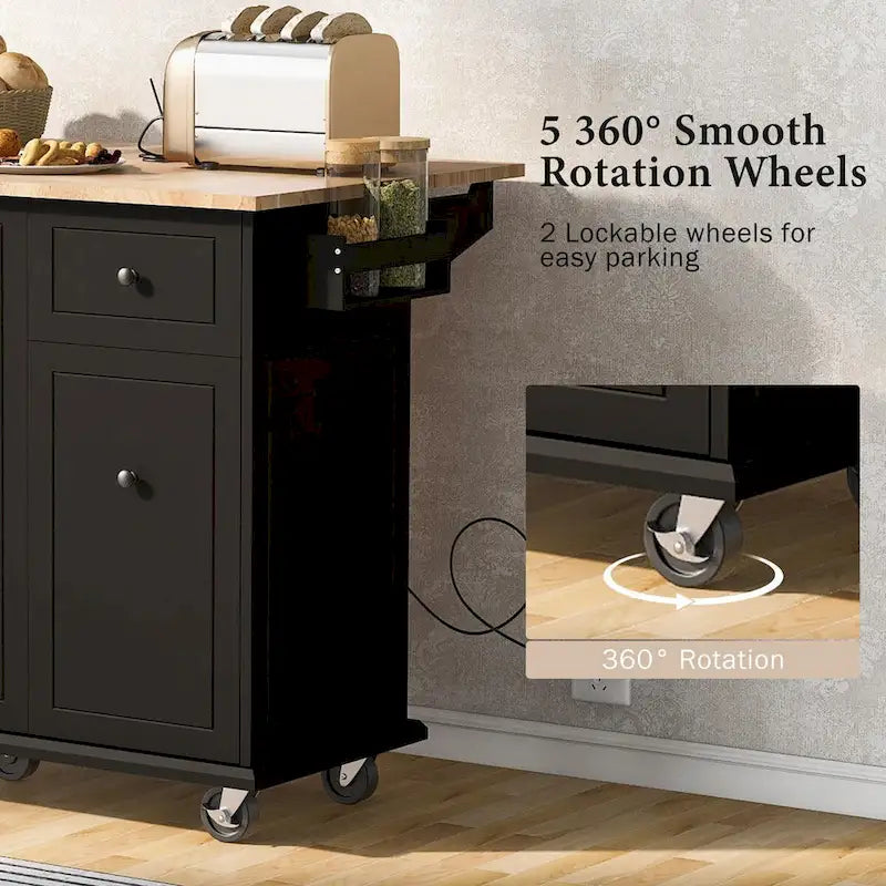 Rolling Kitchen Island Cart with Drop Leaf Rubberwood Top and Storage Drawers