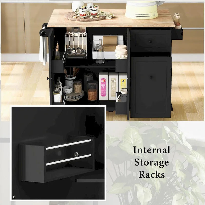Rolling Kitchen Island Cart with Drop Leaf Rubberwood Top and Storage Drawers