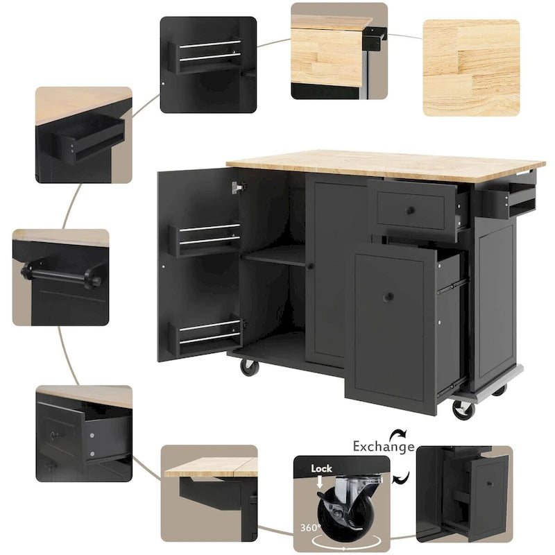 Rolling Kitchen Island Cart with Drop Leaf Rubberwood Top and Storage Drawers
