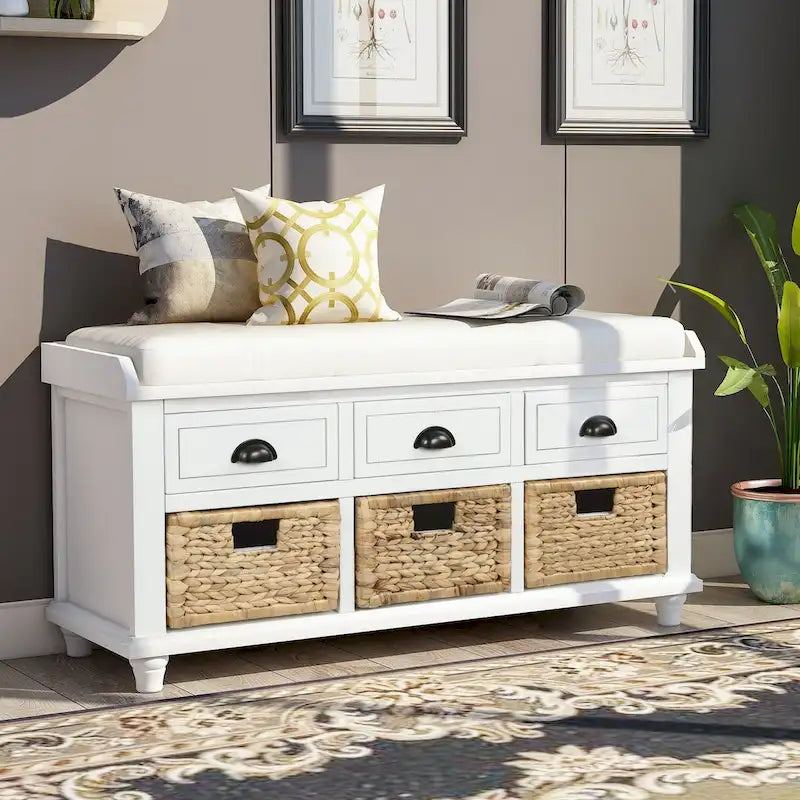 Acacia Wood Storage Bench Cushion Seat Drawers Wicker Baskets Distressed White