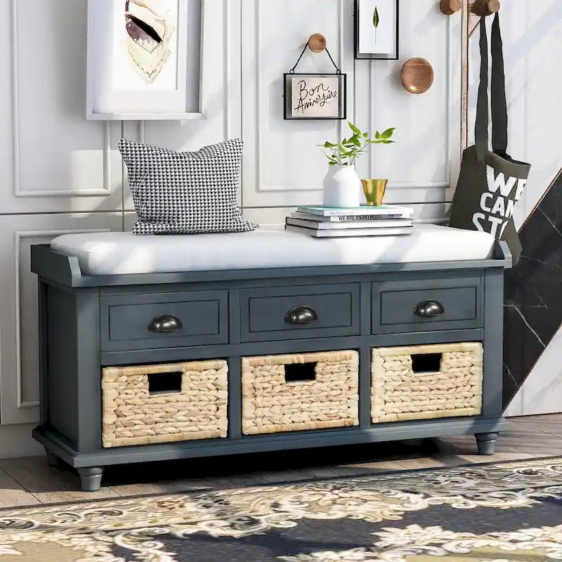 Banc de rangement en bois d'acacia avec coussin d'assise, tiroirs et paniers en osier, blanc vieilli