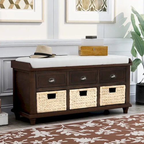 Acacia Wood Storage Bench Cushion Seat Drawers Wicker Baskets Distressed White