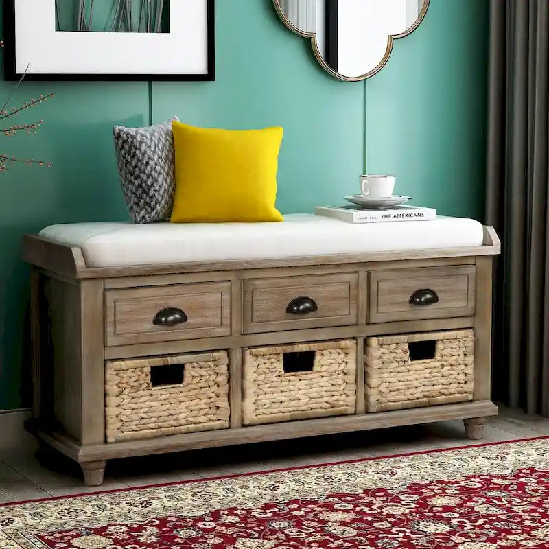 Acacia Wood Storage Bench Cushion Seat Drawers Wicker Baskets Distressed White