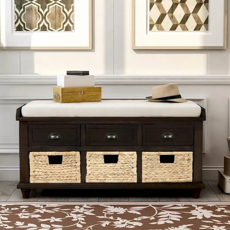 Acacia Wood Storage Bench Cushion Seat Drawers Wicker Baskets Distressed White