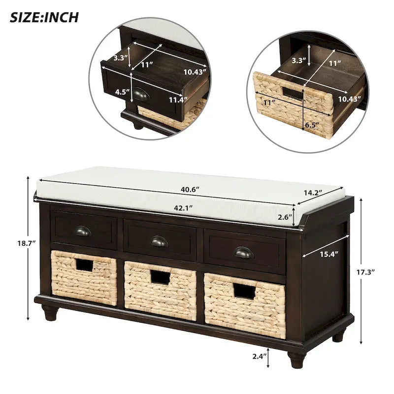 Acacia Wood Storage Bench Cushion Seat Drawers Wicker Baskets Distressed White