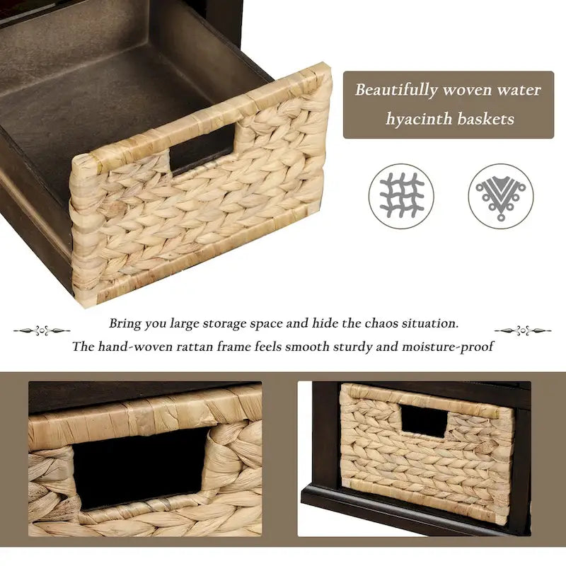 Acacia Wood Storage Bench Cushion Seat Drawers Wicker Baskets Distressed White