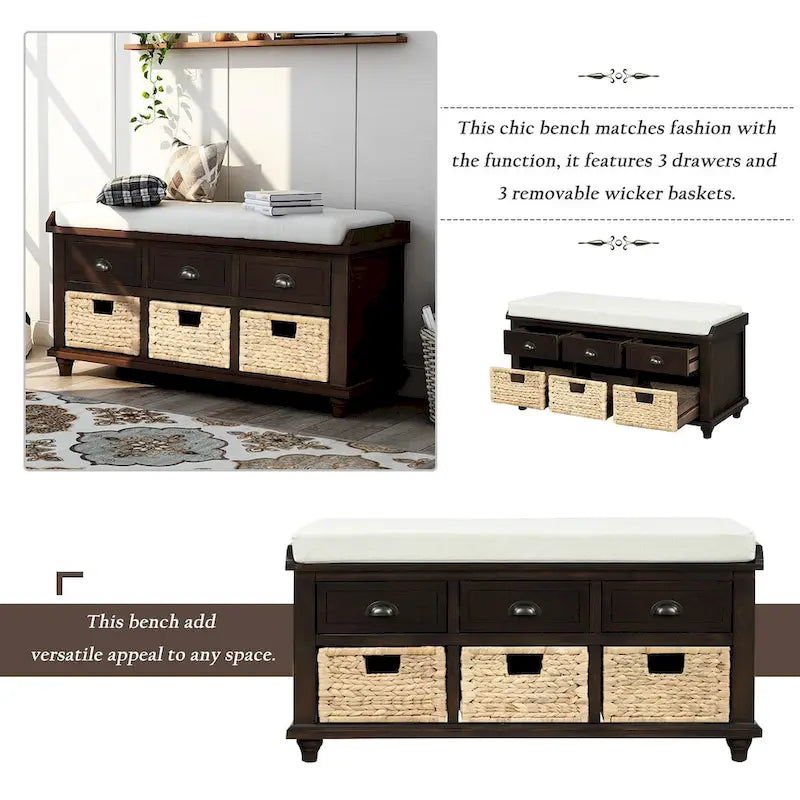 Acacia Wood Storage Bench Cushion Seat Drawers Wicker Baskets Distressed White