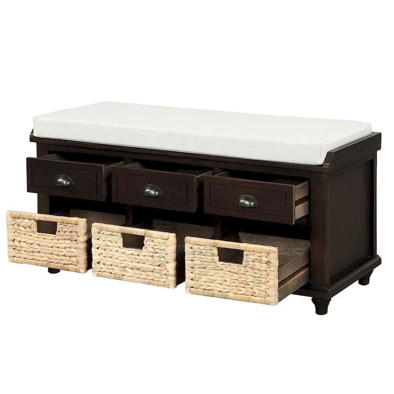 Acacia Wood Storage Bench Cushion Seat Drawers Wicker Baskets Distressed White