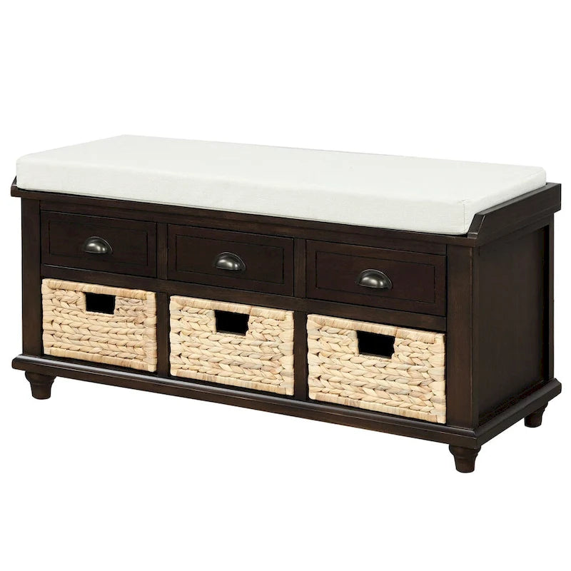 Acacia Wood Storage Bench Cushion Seat Drawers Wicker Baskets Distressed White