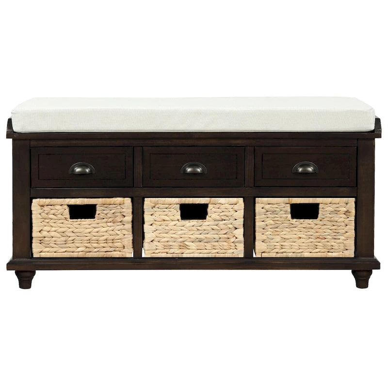 Acacia Wood Storage Bench Cushion Seat Drawers Wicker Baskets Distressed White