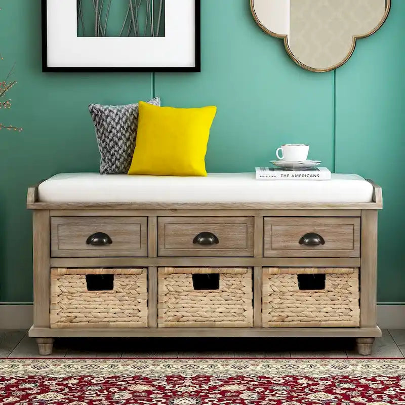 Acacia Wood Storage Bench Cushion Seat Drawers Wicker Baskets Distressed White