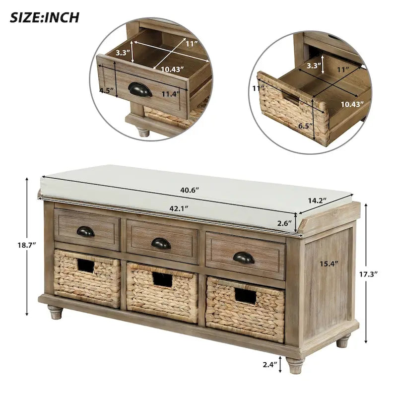 Acacia Wood Storage Bench Cushion Seat Drawers Wicker Baskets Distressed White