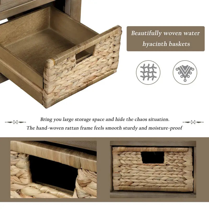 Acacia Wood Storage Bench Cushion Seat Drawers Wicker Baskets Distressed White