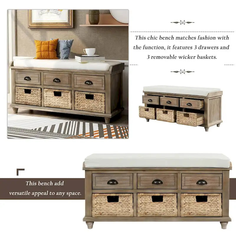 Acacia Wood Storage Bench Cushion Seat Drawers Wicker Baskets Distressed White