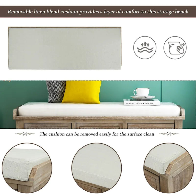 Acacia Wood Storage Bench Cushion Seat Drawers Wicker Baskets Distressed White