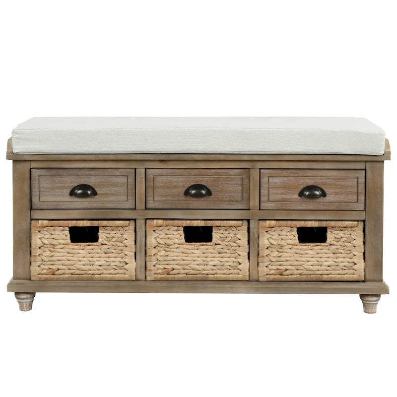 Acacia Wood Storage Bench Cushion Seat Drawers Wicker Baskets Distressed White