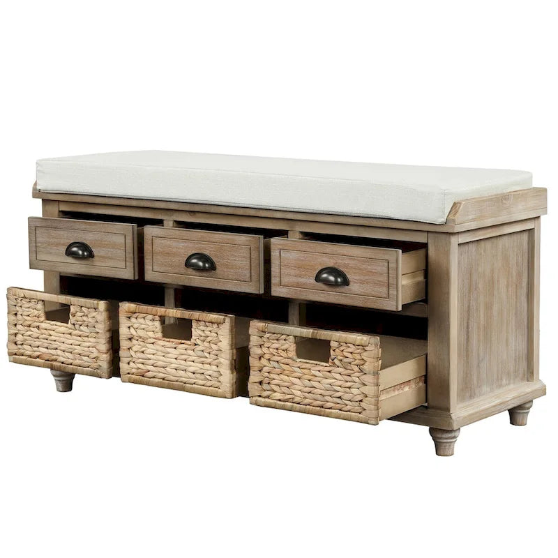 Acacia Wood Storage Bench Cushion Seat Drawers Wicker Baskets Distressed White