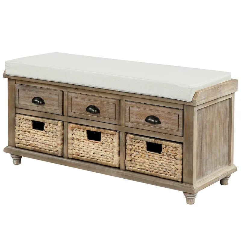 Acacia Wood Storage Bench Cushion Seat Drawers Wicker Baskets Distressed White