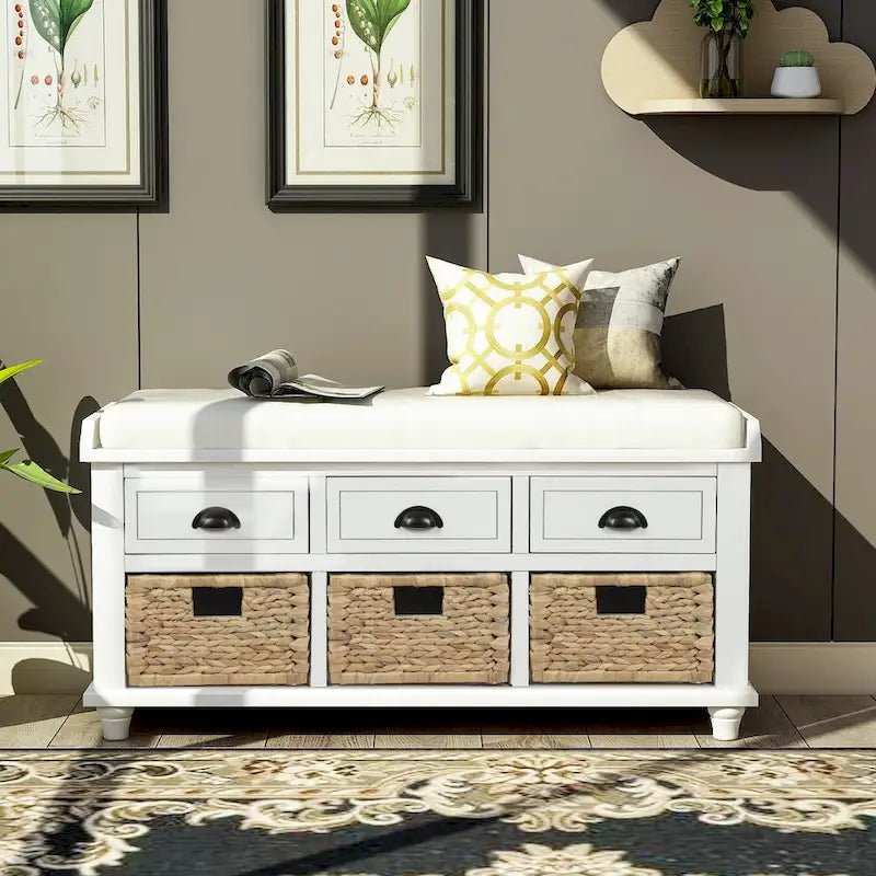 Acacia Wood Storage Bench Cushion Seat Drawers Wicker Baskets Distressed White