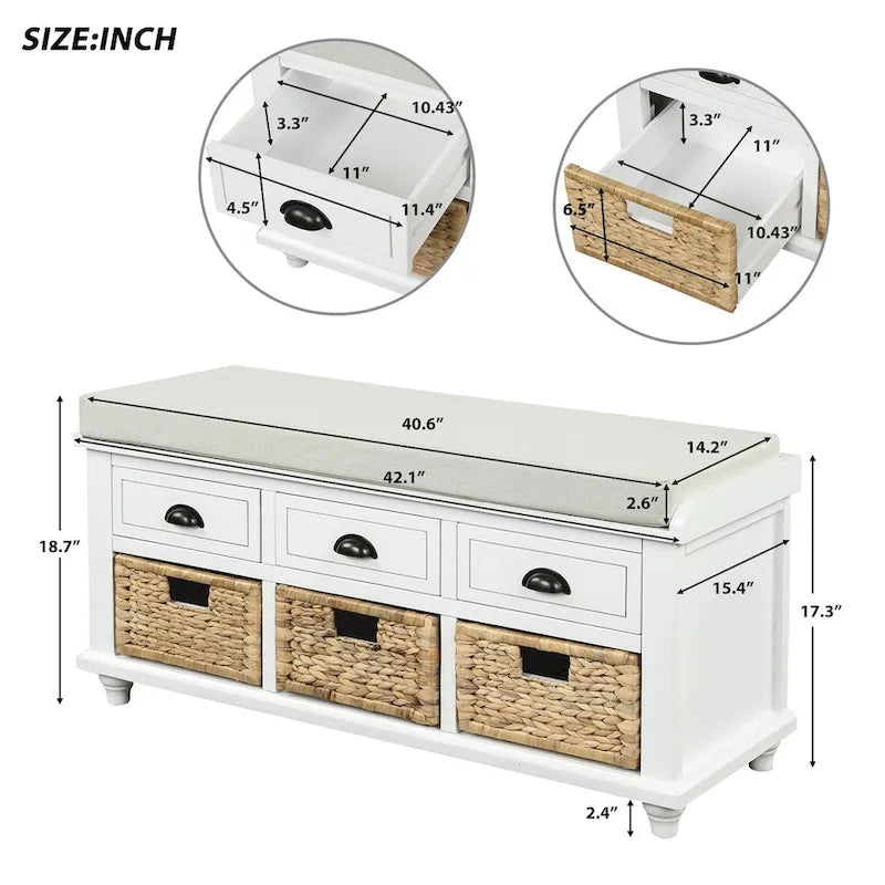 Acacia Wood Storage Bench Cushion Seat Drawers Wicker Baskets Distressed White