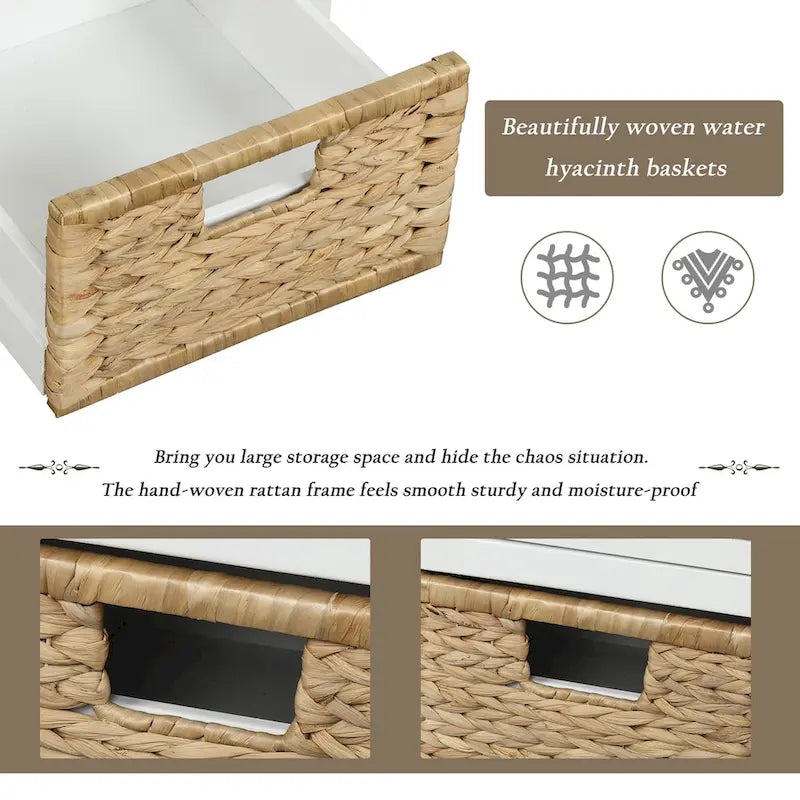 Acacia Wood Storage Bench Cushion Seat Drawers Wicker Baskets Distressed White