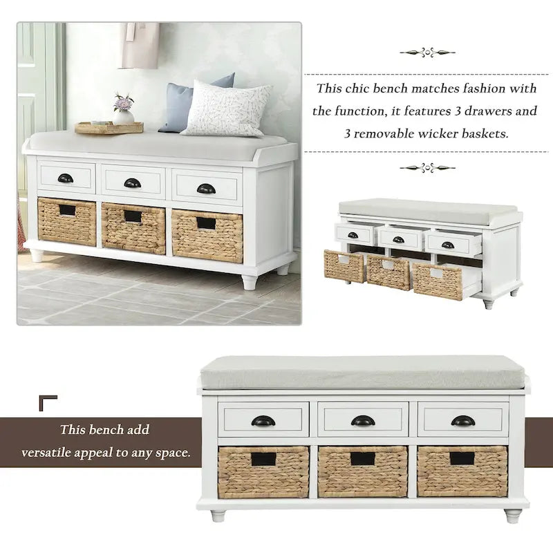 Acacia Wood Storage Bench Cushion Seat Drawers Wicker Baskets Distressed White