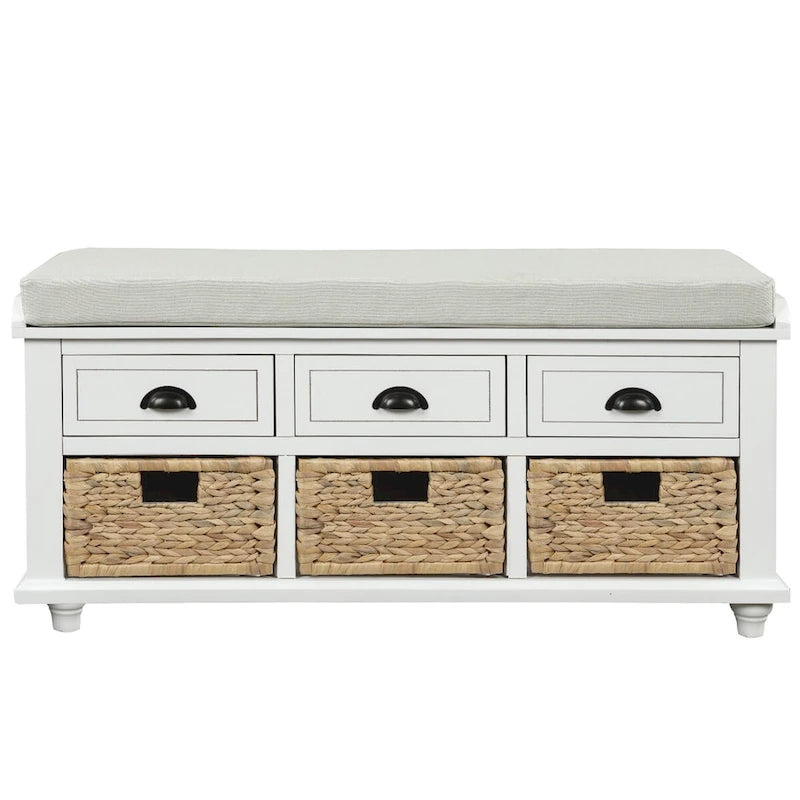 Acacia Wood Storage Bench Cushion Seat Drawers Wicker Baskets Distressed White
