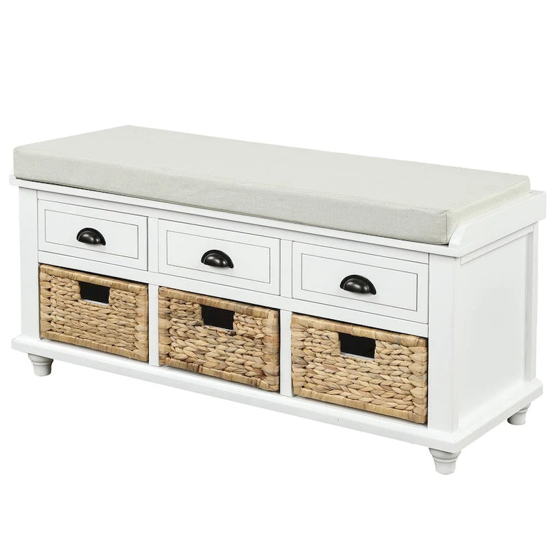 Acacia Wood Storage Bench Cushion Seat Drawers Wicker Baskets Distressed White