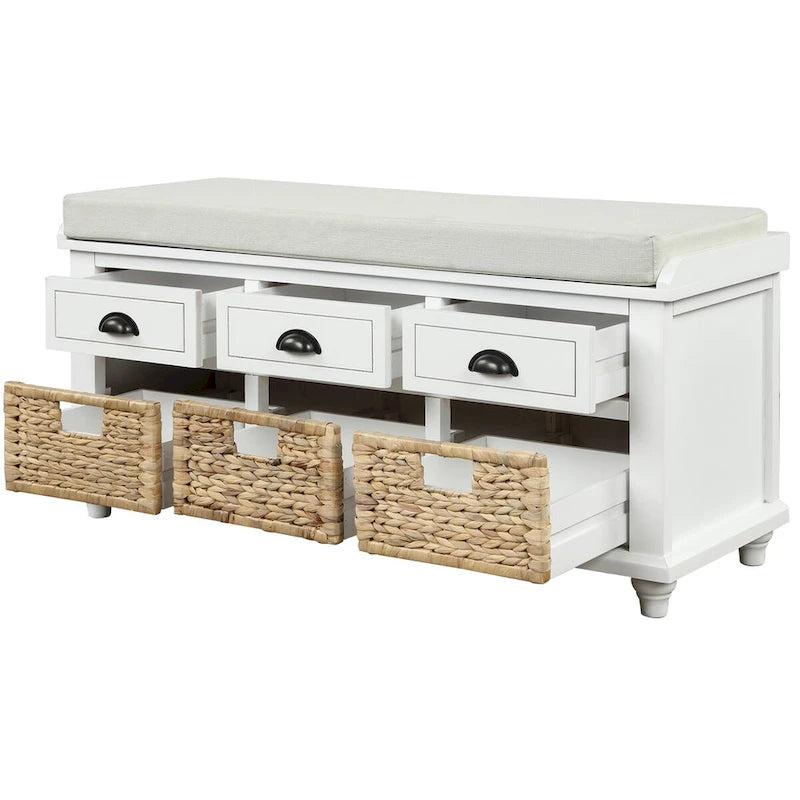 Acacia Wood Storage Bench Cushion Seat Drawers Wicker Baskets Distressed White