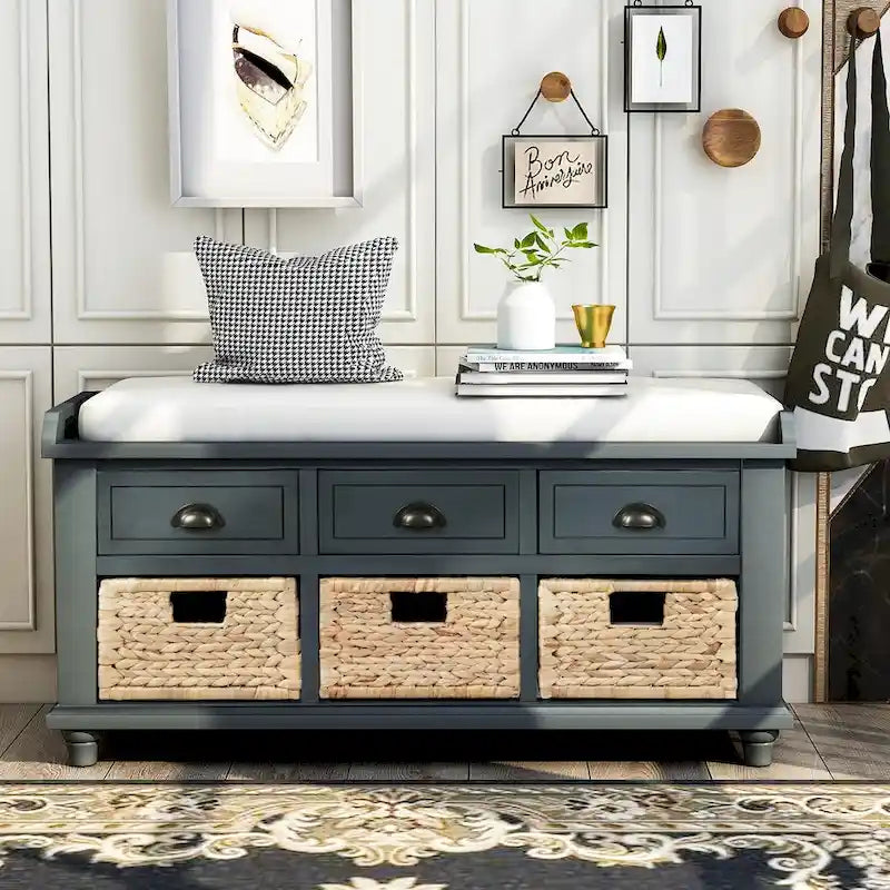 Acacia Wood Storage Bench Cushion Seat Drawers Wicker Baskets Distressed White