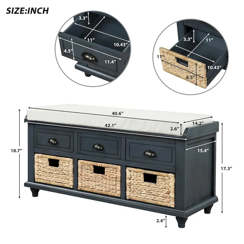 Acacia Wood Storage Bench Cushion Seat Drawers Wicker Baskets Distressed White
