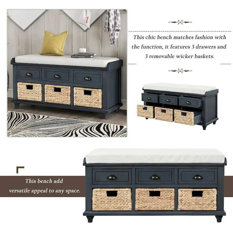 Acacia Wood Storage Bench Cushion Seat Drawers Wicker Baskets Distressed White