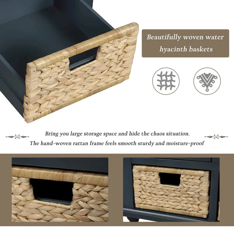 Acacia Wood Storage Bench Cushion Seat Drawers Wicker Baskets Distressed White