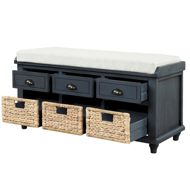 Acacia Wood Storage Bench Cushion Seat Drawers Wicker Baskets Distressed White