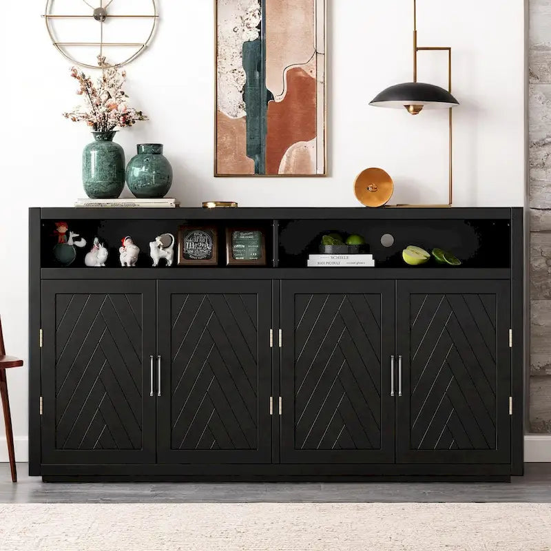 Smoke Blue 4-Door Sideboard Cabinet with Open Shelves and Chevron Doors
