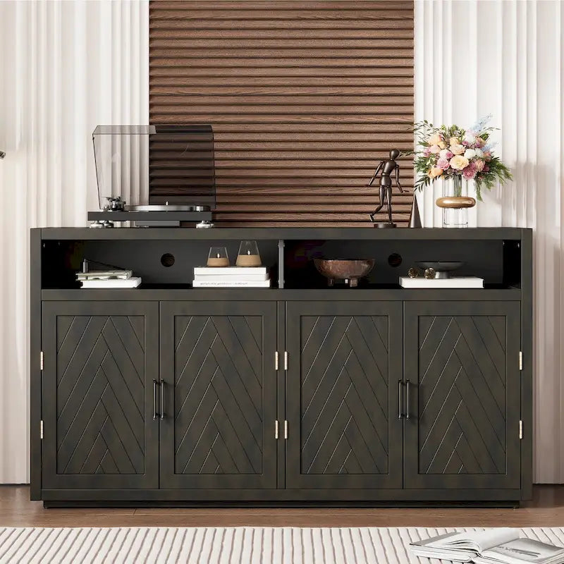 Smoke Blue 4-Door Sideboard Cabinet with Open Shelves and Chevron Doors