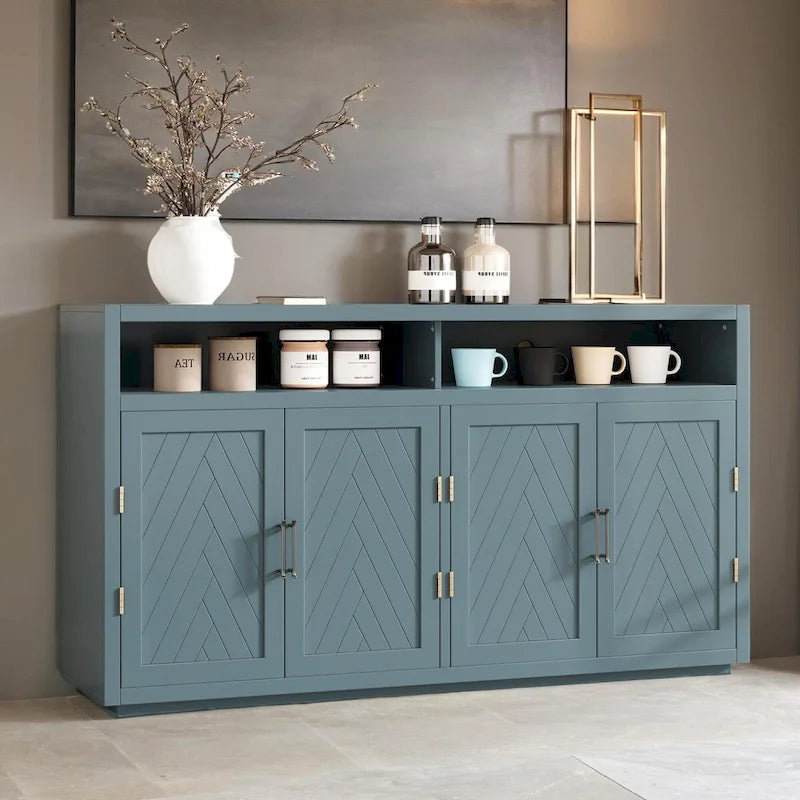 Smoke Blue 4-Door Sideboard Cabinet with Open Shelves and Chevron Doors