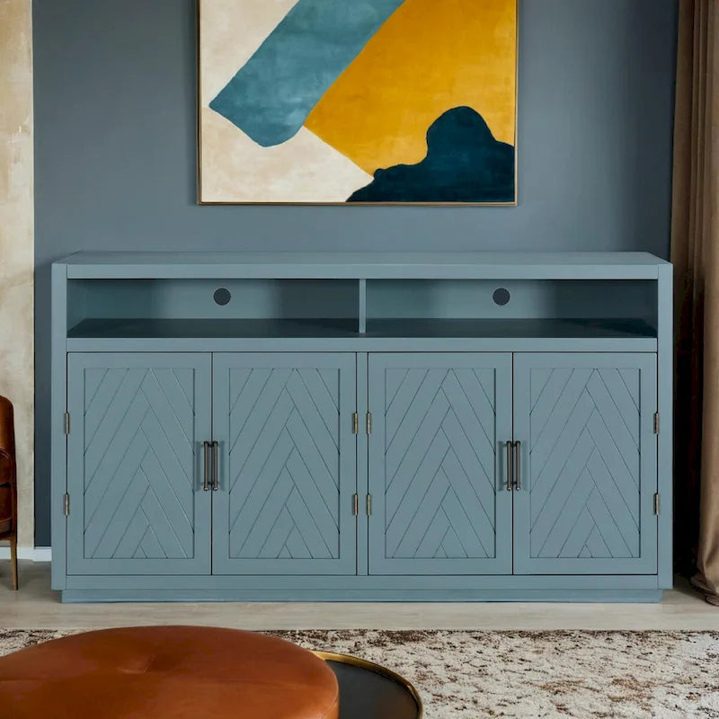 Smoke Blue 4-Door Sideboard Cabinet with Open Shelves and Chevron Doors