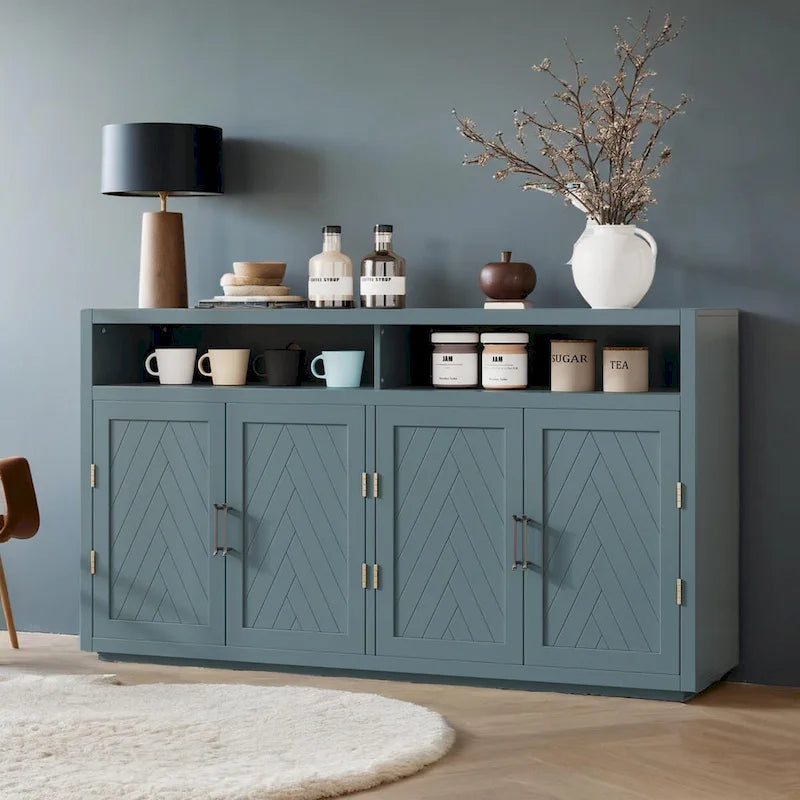Smoke Blue 4-Door Sideboard Cabinet with Open Shelves and Chevron Doors
