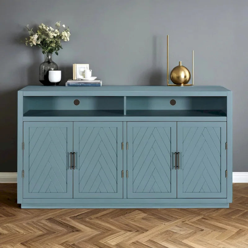 Smoke Blue 4-Door Sideboard Cabinet with Open Shelves and Chevron Doors