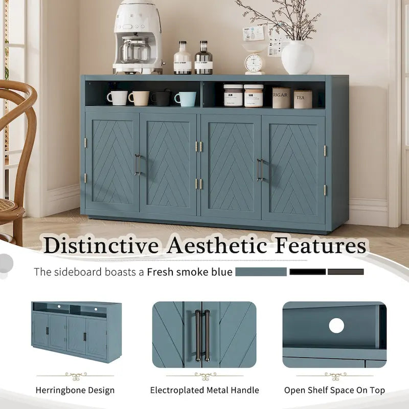 Smoke Blue 4-Door Sideboard Cabinet with Open Shelves and Chevron Doors