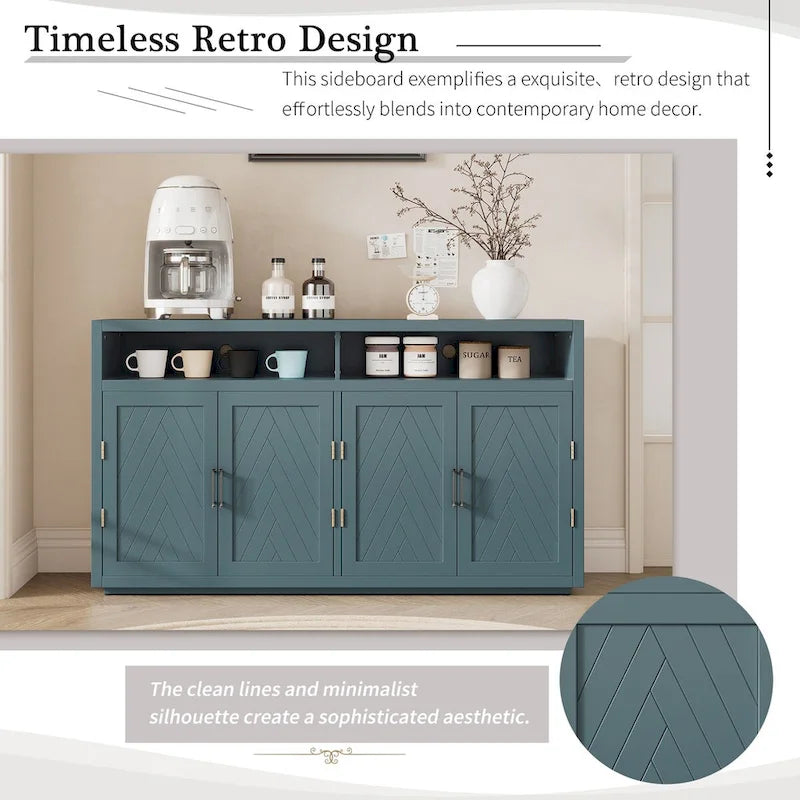 Smoke Blue 4-Door Sideboard Cabinet with Open Shelves and Chevron Doors