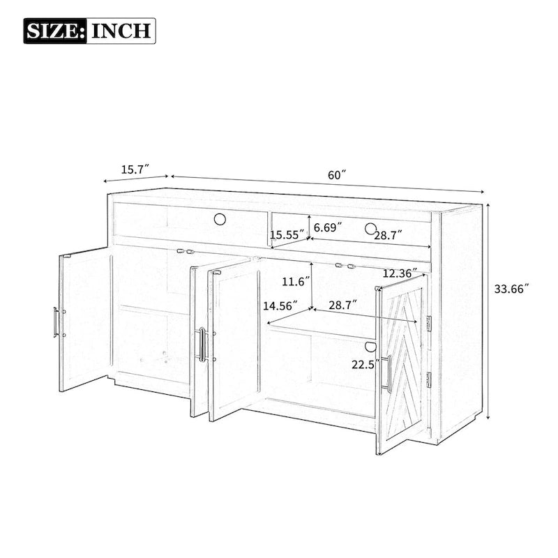 Smoke Blue 4-Door Sideboard Cabinet with Open Shelves and Chevron Doors