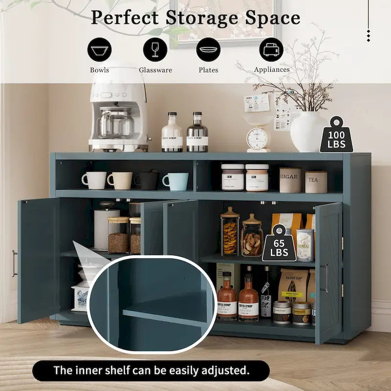 Smoke Blue 4-Door Sideboard Cabinet with Open Shelves and Chevron Doors