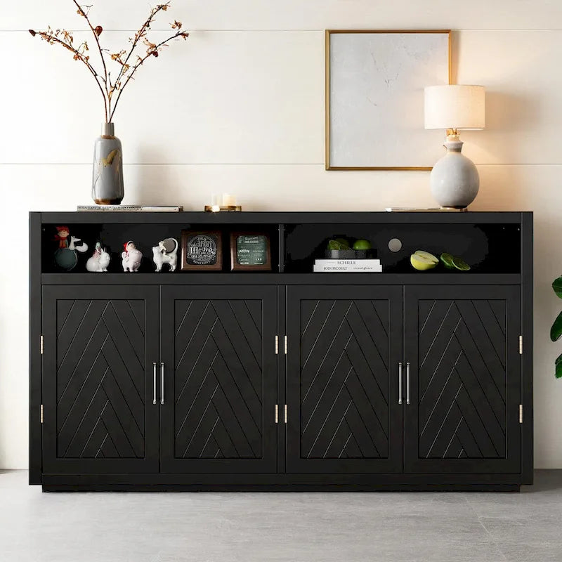 Smoke Blue 4-Door Sideboard Cabinet with Open Shelves and Chevron Doors