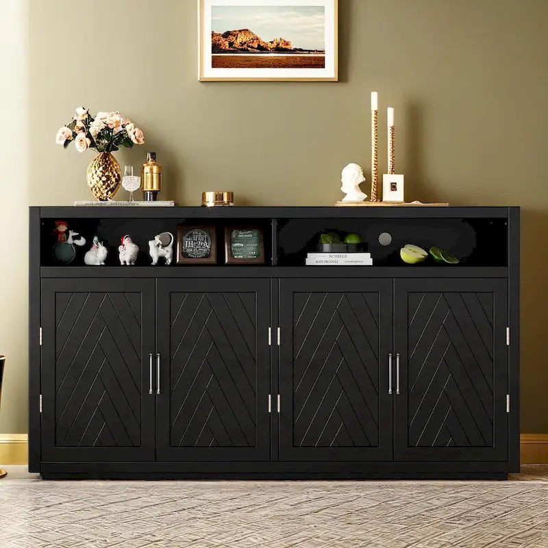 Smoke Blue 4-Door Sideboard Cabinet with Open Shelves and Chevron Doors
