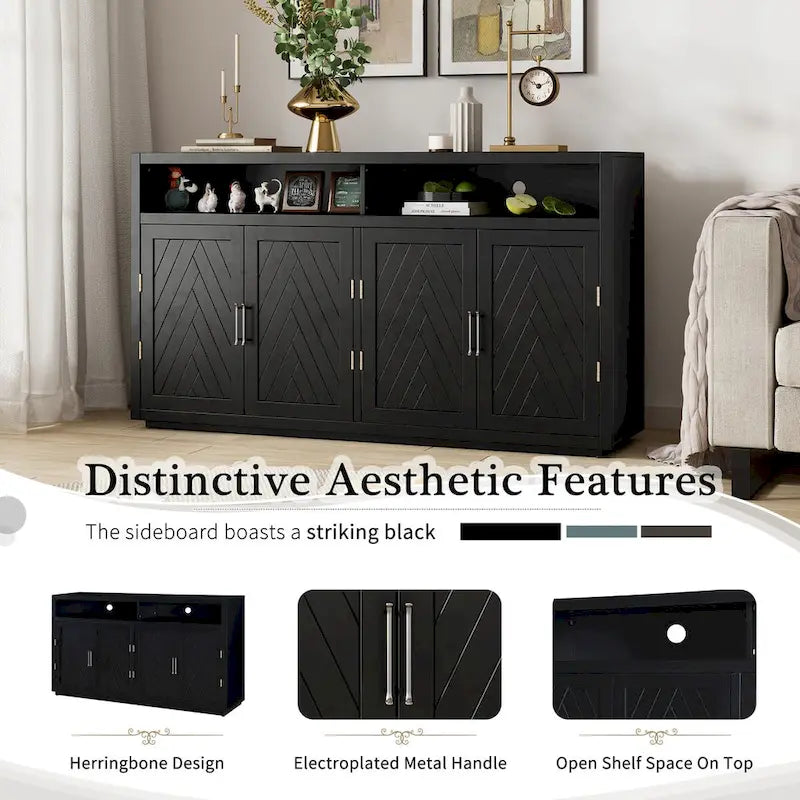 Smoke Blue 4-Door Sideboard Cabinet with Open Shelves and Chevron Doors
